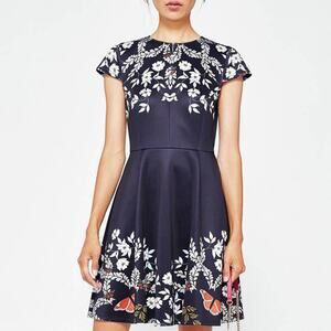 Ted Baker Saydi Kyoto Skater Dress Navy Blue Floral Butterfly Print Sz 4 (1 Ted)